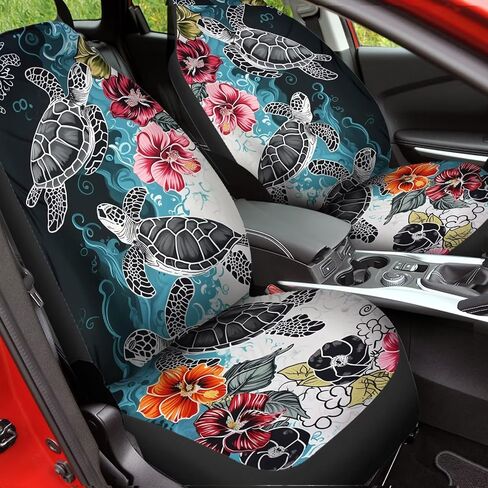 Bulopur Black & White Sea Turtle Floral Printed Automobile Seat Cover Sets, Car Accessories Interior Decor, 2 Pcs Car Seat Protectors for Car, Truck SUVs in Kuwait