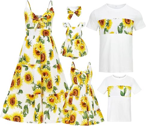 PopReal Matching Family Outfits Mommy and Me Dresses Summer Sunflower Short Sleeve in Saudi Arabia