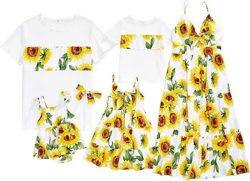 PopReal Matching Family Outfits Mommy and Me Dresses Summer Sunflower Short Sleeve in Saudi Arabia