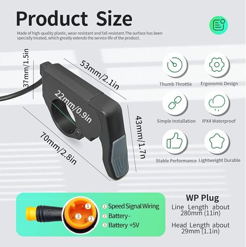 MUSELK Ebike 3Pin موصل مقاوم للماء الإبهام خنق متوافق اليد اليسرى / اليمنى التكيف 36V / 48V 60V / 72V سكوتر كهربائي دراجة الملحقات موتور الاصبع خنق in Kuwait