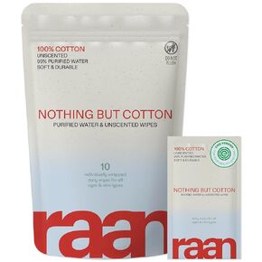 Raan, 100% Cotton, 99% Purified Water, Face and Body Cleansing Wipes, Fragrance Free, Unbleached, Hypoallergenic, EWG Verified, Plastic and Tree Free, Individually Wrapped, 10 Count in Saudi Arabia