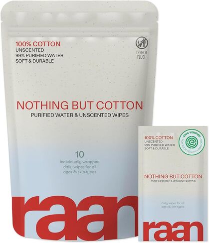 Raan, 100% Cotton, 99% Purified Water, Face and Body Cleansing Wipes, Fragrance Free, Unbleached, Hypoallergenic, EWG Verified, Plastic and Tree Free, Individually Wrapped, 10 Count in Saudi Arabia