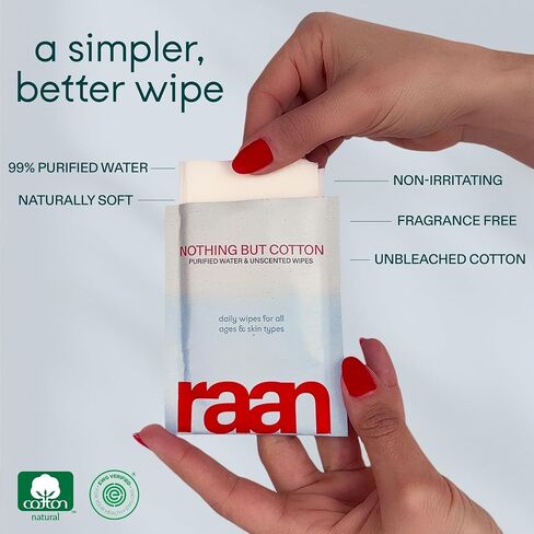 Raan, 100% Cotton, 99% Purified Water, Face and Body Cleansing Wipes, Fragrance Free, Unbleached, Hypoallergenic, EWG Verified, Plastic and Tree Free, Individually Wrapped, 10 Count in Saudi Arabia
