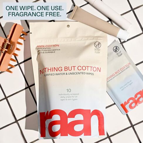 Raan, 100% Cotton, 99% Purified Water, Face and Body Cleansing Wipes, Fragrance Free, Unbleached, Hypoallergenic, EWG Verified, Plastic and Tree Free, Individually Wrapped, 10 Count in Saudi Arabia