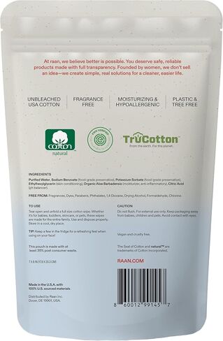 Raan, 100% Cotton, 99% Purified Water, Face and Body Cleansing Wipes, Fragrance Free, Unbleached, Hypoallergenic, EWG Verified, Plastic and Tree Free, Individually Wrapped, 10 Count in Saudi Arabia