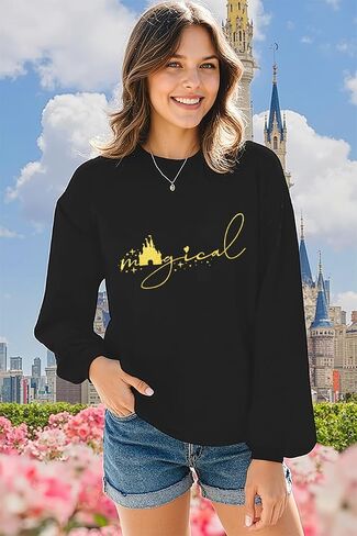 Magical SweatShirt for Women Funny Family Vacation Cute Graphic Casual Vacation long Sleeve Tops Black in Saudi Arabia