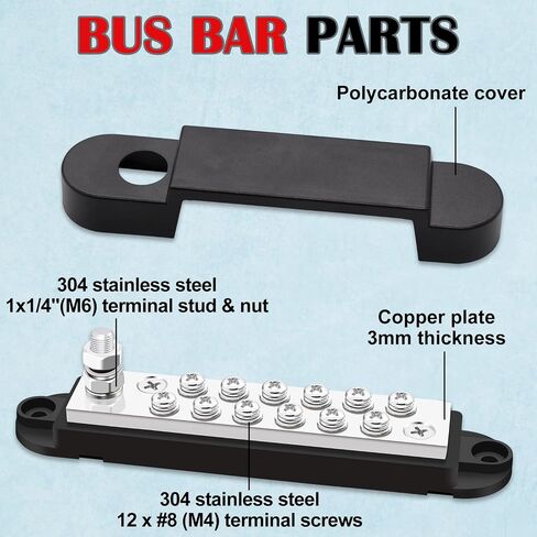 650A Marine Bus Bar Heavy Duty Power Distribution Block, Battery Busbar, Automotive Buss bar Terminal Block with 6X 3/8" (M10) Studs for Car, Boat and Solar Wiring (Black+Red) in Saudi Arabia