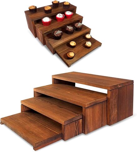 4-Tier Ultra Wide Wooden Display Stand, Wood Riser for Table Display, No Tools Required, Easy to Assemble, Durable Wood Stands for Dessert Table & Home Deco in Saudi Arabia