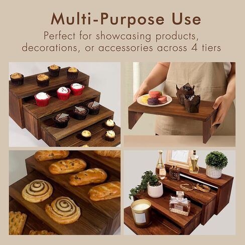 4-Tier Ultra Wide Wooden Display Stand, Wood Riser for Table Display, No Tools Required, Easy to Assemble, Durable Wood Stands for Dessert Table & Home Deco in Saudi Arabia