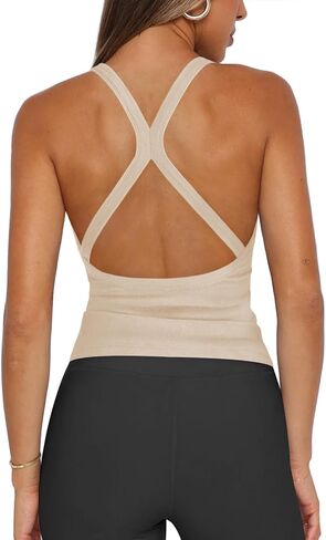 Womens Halter Tops Racerback Workout Tank Top for Women Plunge V Neck Split-Back Spaghetti Strap Fitted Ribbed Shirts in Saudi Arabia