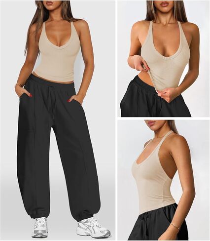 Womens Halter Tops Racerback Workout Tank Top for Women Plunge V Neck Split-Back Spaghetti Strap Fitted Ribbed Shirts in Saudi Arabia