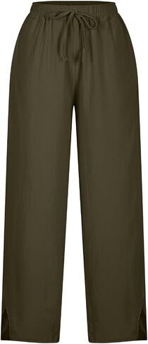 Linen Pants Women High Waist Drawstring Pants Summer Casual Split Pants Trendy Fashion Trousers Beach Vacation Clothes in Kuwait