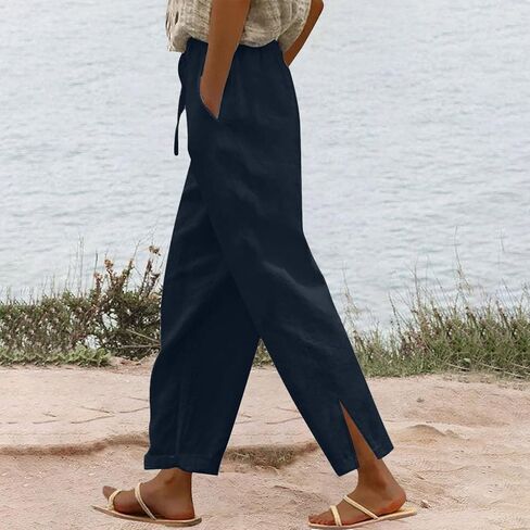 Linen Pants Women High Waist Drawstring Pants Summer Casual Split Pants Trendy Fashion Trousers Beach Vacation Clothes in Kuwait