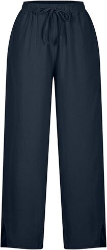 Linen Pants Women High Waist Drawstring Pants Summer Casual Split Pants Trendy Fashion Trousers Beach Vacation Clothes in Kuwait