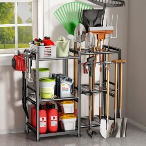 Garden Tool Organizer Storage Metal Yard Tool Organizer Heavy Duty Garden Tool Rack Stand with 2 Extra Hooks, Up To 70 Long Handled Shovels/Rakes/Brooms Holder for Garage,Shed,Outdoor(Black) in Saudi Arabia