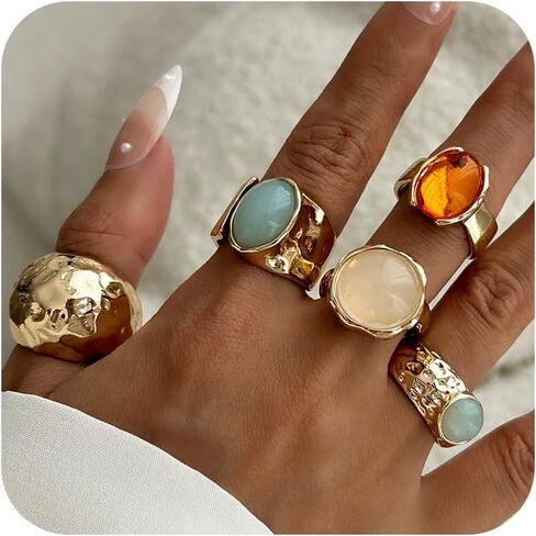 Chunky Gold Shell Starfish Ring Set for Women Trendy Gold Flower Scallop Seashell Starfish Gemstone Rings Adjustable Stacking Statement R-ings Non Tarnish Spring Summer Jewelry Accessories in Saudi Arabia