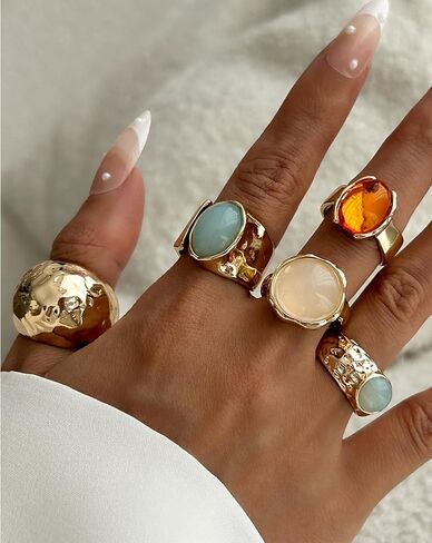 Chunky Gold Shell Starfish Ring Set for Women Trendy Gold Flower Scallop Seashell Starfish Gemstone Rings Adjustable Stacking Statement R-ings Non Tarnish Spring Summer Jewelry Accessories in Saudi Arabia