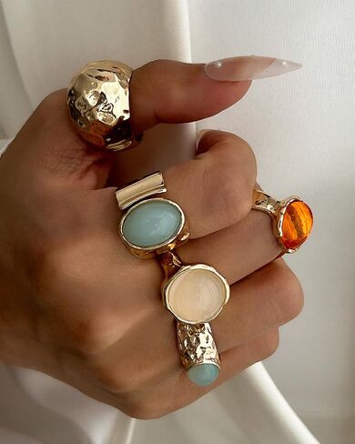 Chunky Gold Shell Starfish Ring Set for Women Trendy Gold Flower Scallop Seashell Starfish Gemstone Rings Adjustable Stacking Statement R-ings Non Tarnish Spring Summer Jewelry Accessories in Saudi Arabia