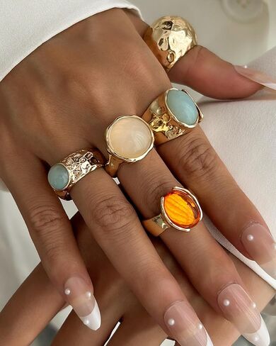 Chunky Gold Shell Starfish Ring Set for Women Trendy Gold Flower Scallop Seashell Starfish Gemstone Rings Adjustable Stacking Statement R-ings Non Tarnish Spring Summer Jewelry Accessories in Saudi Arabia