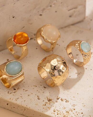 Chunky Gold Shell Starfish Ring Set for Women Trendy Gold Flower Scallop Seashell Starfish Gemstone Rings Adjustable Stacking Statement R-ings Non Tarnish Spring Summer Jewelry Accessories in Saudi Arabia