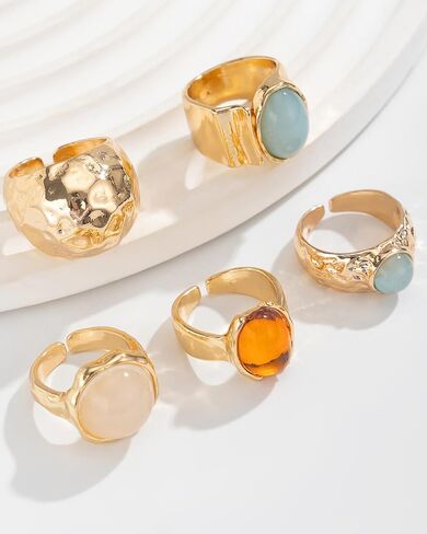 Chunky Gold Shell Starfish Ring Set for Women Trendy Gold Flower Scallop Seashell Starfish Gemstone Rings Adjustable Stacking Statement R-ings Non Tarnish Spring Summer Jewelry Accessories in Saudi Arabia