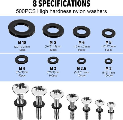 500 Pcs Nylon Flat Washers, Hose Washer Rubber Screw, Sealing Faucet Washers Kit Vibration Absorbing Pads for Faucets Bolts Screws Hose Plumbing Shower Head (M2 M2.5 M3 M4 M5 M6 M8 M10) in Saudi Arabia