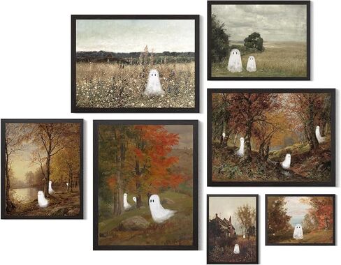 Aroutde 7Pcs Vintage Ghost Wall Art Spooky Halloween Canvas Wall Decor Farmhouse Landscape Printing for Halloween Living Room Bedroom Decoration （Unframed） in Saudi Arabia