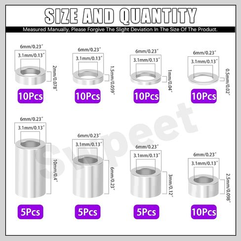 SWPeet 65pcs 8 Sister M3 مجموعة تشكيلات فاصل الألومنيوم ، 3.1 × 6 مم (معرف × OD) فاصل عمود من الألومنيوم الأسود ، فاصل مستدير غير متخلف من جلبة بلاتية ، طول 0.5/1/1.5/2/2.5/3/10 مم. in Kuwait