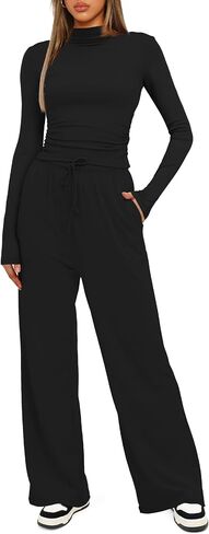 Darong Women's 2 Piece Outfits Lounge Sets Long Sleeve Mock Neck Tops High Wasited Wide Leg Pants Tracksuit Sets in Saudi Arabia