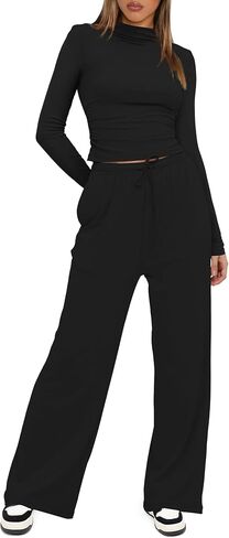 Darong Women's 2 Piece Outfits Lounge Sets Long Sleeve Mock Neck Tops High Wasited Wide Leg Pants Tracksuit Sets in Saudi Arabia