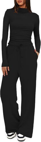 Darong Women's 2 Piece Outfits Lounge Sets Long Sleeve Mock Neck Tops High Wasited Wide Leg Pants Tracksuit Sets in Saudi Arabia