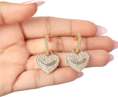 Juicy Couture Logo Heart Dangle or Hoop Earrings for Women, Gold-Tone Heart Earrings with Clear Stones, Juicy Gifts in Saudi Arabia