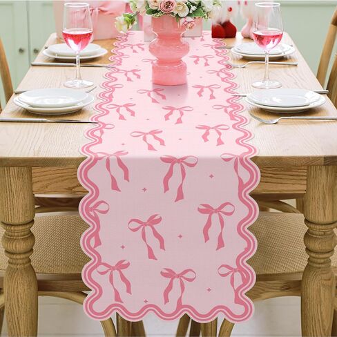 Pink Bow Table Runner 72 Inches Cute Bow Heart Fabric Scalloped Table Runner Coquette Dining Decor for Birthday Baby Shower Party Valentine's Home Decor(Bow A) in Saudi Arabia