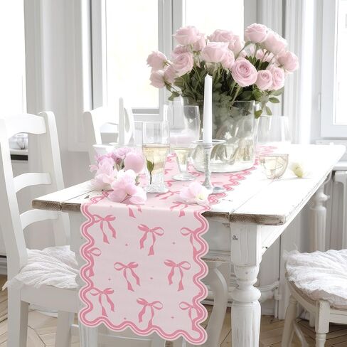 Pink Bow Table Runner 72 Inches Cute Bow Heart Fabric Scalloped Table Runner Coquette Dining Decor for Birthday Baby Shower Party Valentine's Home Decor(Bow A) in Saudi Arabia