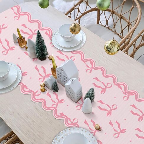 Pink Bow Table Runner 72 Inches Cute Bow Heart Fabric Scalloped Table Runner Coquette Dining Decor for Birthday Baby Shower Party Valentine's Home Decor(Bow A) in Saudi Arabia