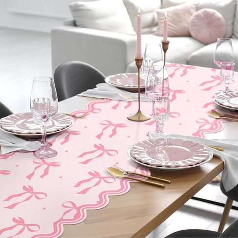 Pink Bow Table Runner 72 Inches Cute Bow Heart Fabric Scalloped Table Runner Coquette Dining Decor for Birthday Baby Shower Party Valentine's Home Decor(Bow A) in Saudi Arabia