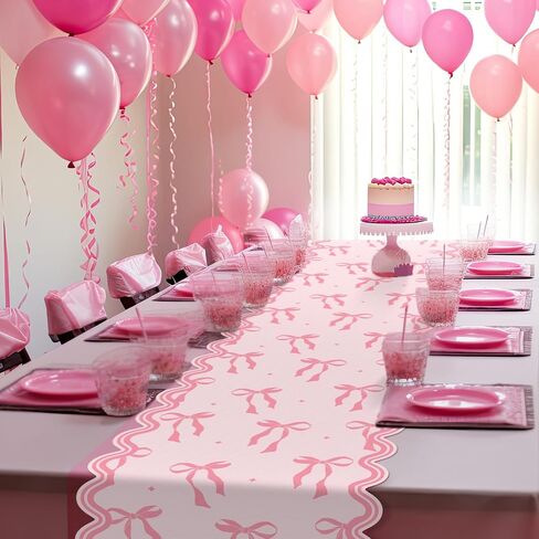 Pink Bow Table Runner 72 Inches Cute Bow Heart Fabric Scalloped Table Runner Coquette Dining Decor for Birthday Baby Shower Party Valentine's Home Decor(Bow A) in Saudi Arabia