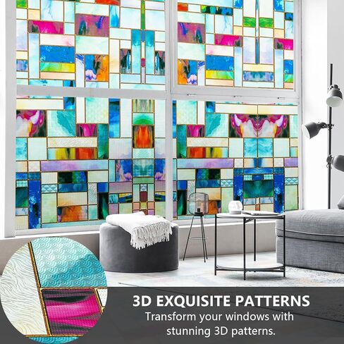 فيلم نافذة زجاجية ملون من Wadile ، 17.5 × 70.87 بوصة ، فيلم خصوصية ثلاثي الأبعاد مزخرف مع أدوات التثبيت ، وملفات استاتيكية غير ملصقة ، حجب الشمس والتحكم في الحرارة (أوراق الفسيفساء) in Kuwait