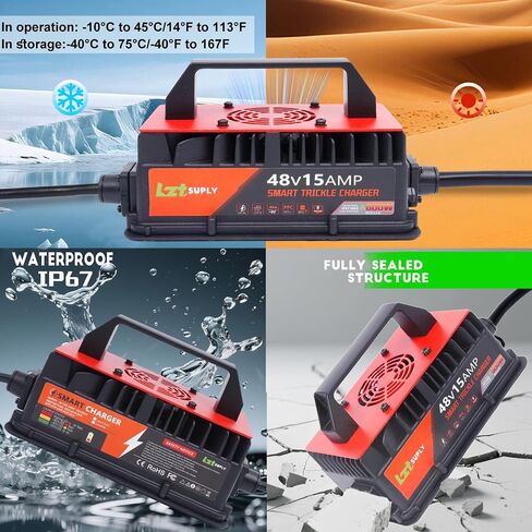 48V 15AMP GOLF CART BATTERCHARCH FOR CLUB CAR ، شاحن مغلق بالكامل مع لوحة تغطية IP67 شواحن ذكية مقاومة للماء لبطاريات 48 فولت في المقدمة (قابس مستدير من 3 أسنان) in Kuwait