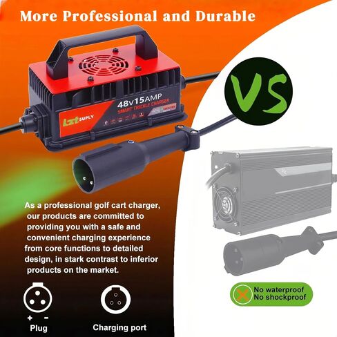 48V 15AMP GOLF CART BATTERCHARCH FOR CLUB CAR ، شاحن مغلق بالكامل مع لوحة تغطية IP67 شواحن ذكية مقاومة للماء لبطاريات 48 فولت في المقدمة (قابس مستدير من 3 أسنان) in Kuwait