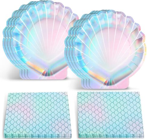 40 Pcs Iridescent Mermaid Party Supplies Set, 20 Clam Shell Plates and 20 Scales Napkins Mermaid Party Decorations Disposable Paper Plates and Napkins Seashell for Birthday (Shell) in Saudi Arabia