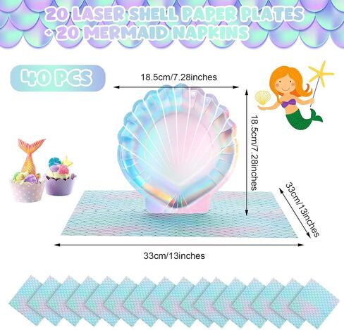40 Pcs Iridescent Mermaid Party Supplies Set, 20 Clam Shell Plates and 20 Scales Napkins Mermaid Party Decorations Disposable Paper Plates and Napkins Seashell for Birthday (Shell) in Saudi Arabia