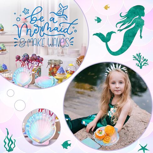 40 Pcs Iridescent Mermaid Party Supplies Set, 20 Clam Shell Plates and 20 Scales Napkins Mermaid Party Decorations Disposable Paper Plates and Napkins Seashell for Birthday (Shell) in Saudi Arabia