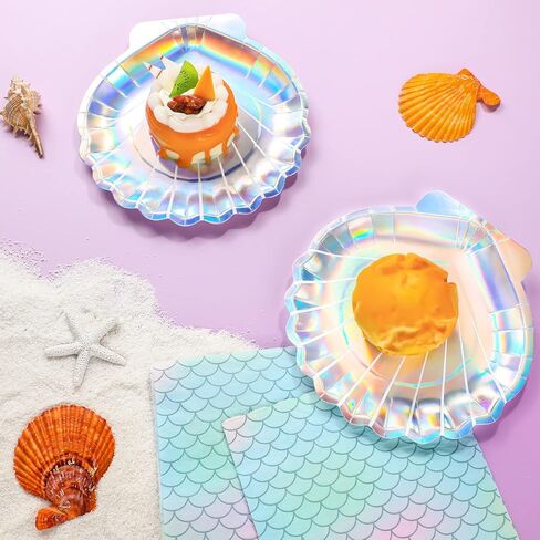 40 Pcs Iridescent Mermaid Party Supplies Set, 20 Clam Shell Plates and 20 Scales Napkins Mermaid Party Decorations Disposable Paper Plates and Napkins Seashell for Birthday (Shell) in Saudi Arabia