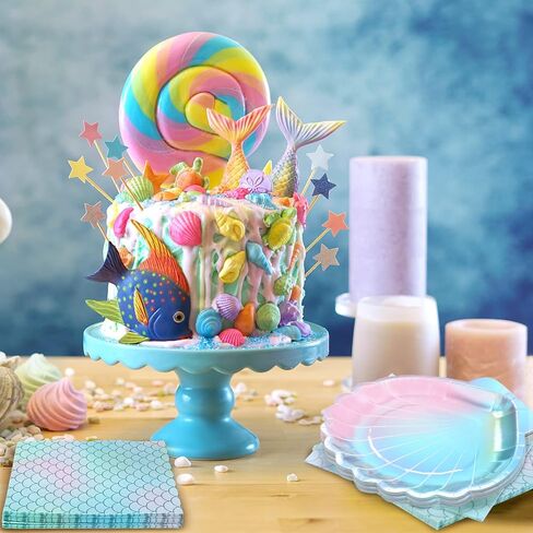 40 Pcs Iridescent Mermaid Party Supplies Set, 20 Clam Shell Plates and 20 Scales Napkins Mermaid Party Decorations Disposable Paper Plates and Napkins Seashell for Birthday (Shell) in Saudi Arabia