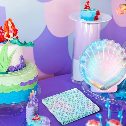40 Pcs Iridescent Mermaid Party Supplies Set, 20 Clam Shell Plates and 20 Scales Napkins Mermaid Party Decorations Disposable Paper Plates and Napkins Seashell for Birthday (Shell) in Saudi Arabia