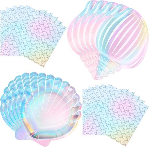 40 Pcs Iridescent Mermaid Party Supplies Set, 20 Clam Shell Plates and 20 Scales Napkins Mermaid Party Decorations Disposable Paper Plates and Napkins Seashell for Birthday (Shell) in Saudi Arabia