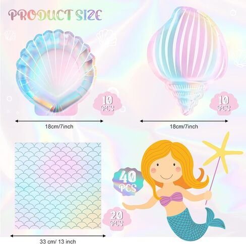 40 Pcs Iridescent Mermaid Party Supplies Set, 20 Clam Shell Plates and 20 Scales Napkins Mermaid Party Decorations Disposable Paper Plates and Napkins Seashell for Birthday (Shell) in Saudi Arabia