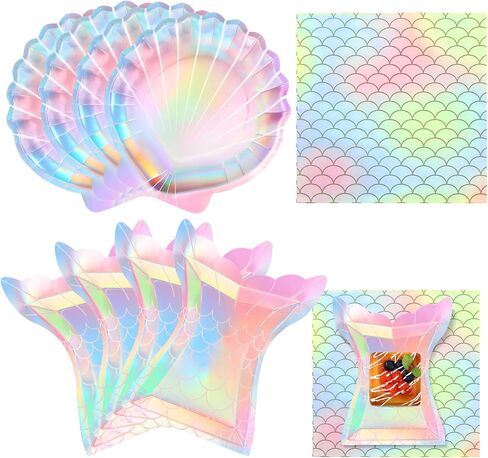 40 Pcs Iridescent Mermaid Party Supplies Set, 20 Clam Shell Plates and 20 Scales Napkins Mermaid Party Decorations Disposable Paper Plates and Napkins Seashell for Birthday (Shell) in Saudi Arabia