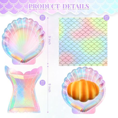 40 Pcs Iridescent Mermaid Party Supplies Set, 20 Clam Shell Plates and 20 Scales Napkins Mermaid Party Decorations Disposable Paper Plates and Napkins Seashell for Birthday (Shell) in Saudi Arabia